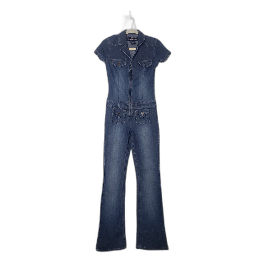 Vintage 90's Y2K SQUEEZE JEANS Stretch Denim Zip Front Jumpsuit Juniors Size 1/2